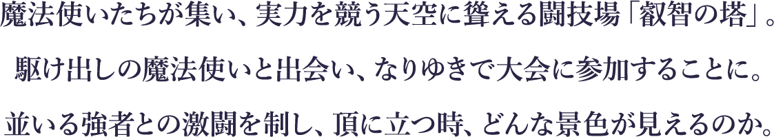 
魔法使いたちが集い、実力を競う天空に聳える闘技場「叡智の塔」。
駆け出しの魔法使いと出会い、なりゆきで大会に参加することに。
並いる強者との激闘を制し、頂に立つ時、どんな景色が見えるのか。
