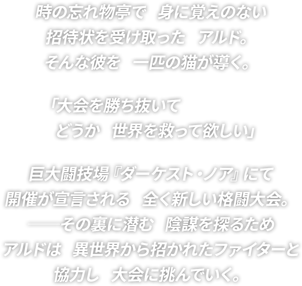 時の忘れ物亭で   身に覚えのない
招待状を受け取った   アルド。
そんな彼を   一匹の猫が導く。
「大会を勝ち抜いて　
　どうか   世界を救って欲しい」
巨大闘技場『ダーケスト・ノア』にて
開催が宣言される   全く新しい格闘大会。
──その裏に潜む   陰謀を探るため
アルドは   異世界から招かれたファイターと
協力し   大会に挑んでいく。